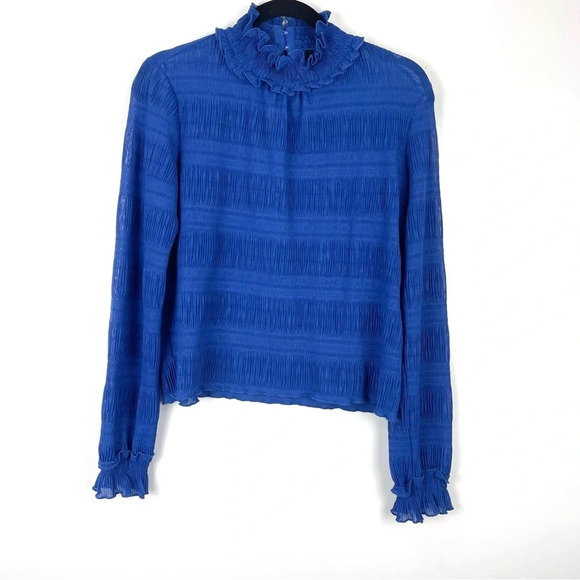 TOPSHOP Mock Neck Long Sleeve Ruffle Plisse Top Blue Size US 4 - Picture 2 of 12